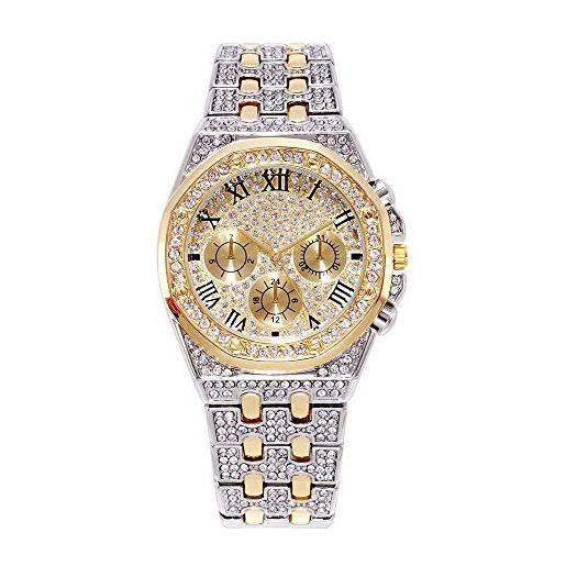 Godmoy orologio da uomo bling diamanti ghiacciati bracciale strass di cristallo diamanti orologi quadrante orologio analogico argento dorato hip hop uomini