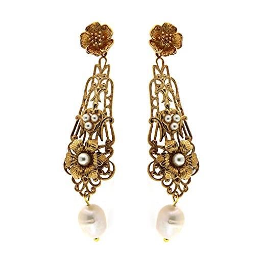 Mokilu' - gioielli - orecchini vintage - donna - ottone dorato 24kt - motivo floreale - perla -