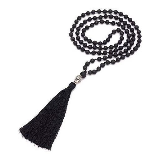 BENAVA collana mala 108 perle di pietra lavica nera | collana di preghiera e meditazione yoga con nappina e perlina guru | 100 cm