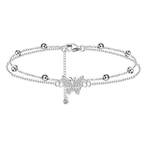 Finrezio catenina da caviglia argento sterling 925 per donna cavigliera a forma di cuore con perline a forma di farfalla cavigliera estiva regolabile a doppio strato con gioielli da spiaggia