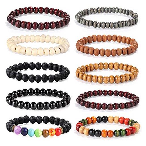 Finrezio 10 pezzi braccialetto perline di legno per uomo buddista tibetano braccialetto di perle mala elastico a
