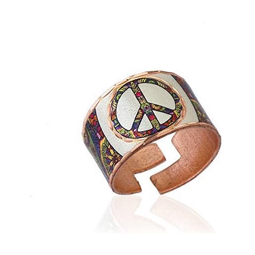 FRONT LINE JEWELRY copper reflections anelli con segno di pace - anelli con simbolo di pace in rame artigianale. Design unico simbolo di pace con sfondo argento per donne ragazze uomini, regali di pace rc-53