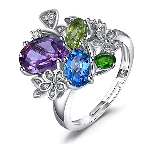 JewelryPalace anelli donna regolabili argento sterling 925, anelli colorati donna pietre naturali, fiore anello da cocktail con ametista viola topazio azzurro peridoto cromo diopside gioielli donna