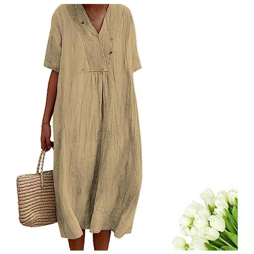 GAMIRA abito con scollo av tinta unita a maniche corte larghe, abiti estivi in lino di cotone, nascondi il grasso della pancia per le donne (m, e)