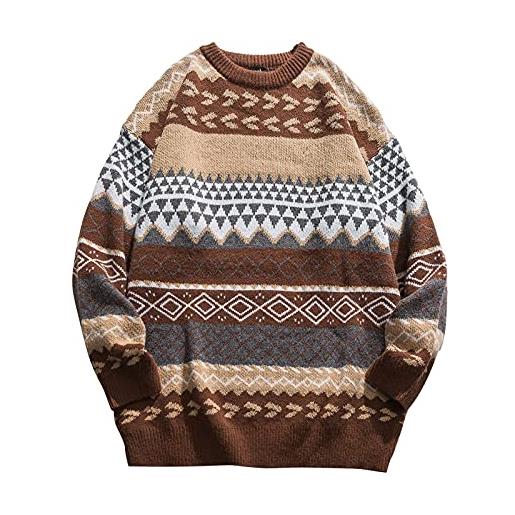 RYTEJFES maglione da uomo, per autunno e inverno, a righe, stile vintage, a maniche lunghe, girocollo, in cotone, con stampa casual, caffè, m