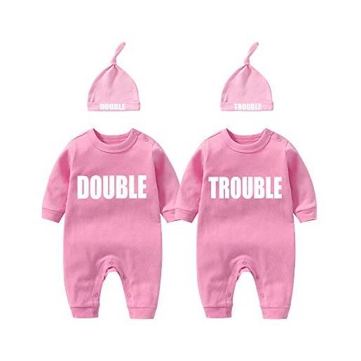 YSCULBUTOL culbutomind 2 tutine per gemelli neonati, scritta double trouble, grazioso pagliaccetto con berretto, pigiama per bambini, idea regalo, rosa da, 6-9 mesi