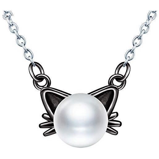 MicLee, collana da donna in argento sterling 925, con ciondolo a forma di gatto, con perle coltivate d'acqua dolce, con orecchie di gatto, sacchetto regalo, colore: nero , cod. Ium0081-black
