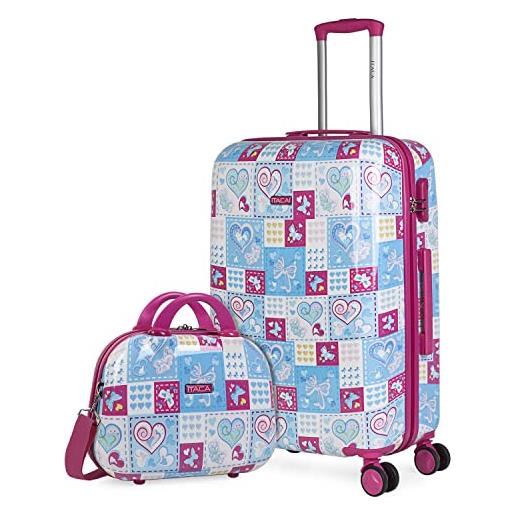 ITACA - set valigia media e valigia bagaglio a mano. Set valigie rigide per viaggi aereo - set trolley valigia rigida - set valigie rigide con lucchetto 702360b, blu-fucsia