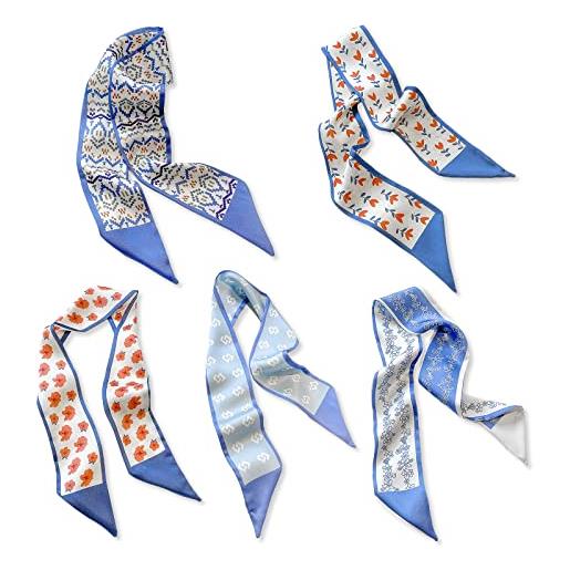 LumiSyne 5 pezzi sciarpa di seta stretta donna ragazze fiore stampato motivo quadri geometrico stile dolce fresco foulards in raso lungo sottile collo sciarpe copricapo piccola sciarpa nastro sciarpa