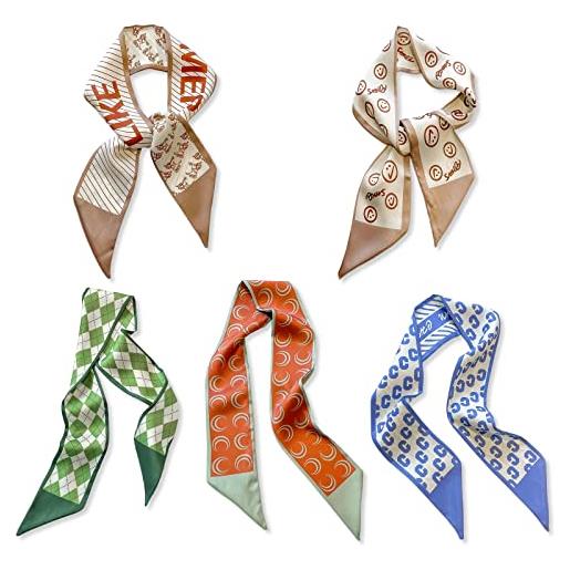 LumiSyne 5 pezzi sciarpa di seta stretta donna ragazze fiore stampato motivo quadri geometrico stile dolce fresco foulards in raso lungo sottile collo sciarpe copricapo piccola sciarpa nastro sciarpa