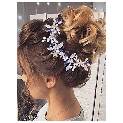 IYOU accessorio per capelli da sposa con fiore blu e perle di cristallo per capelli da sposa per damigella d'onore per donna