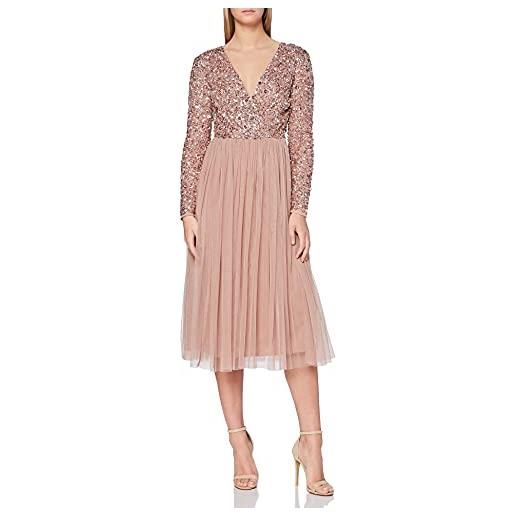 Maya Deluxe womens ladies wedding guest midi dress long sleeve plunging neckline v neck sequin embellished graduation vestito per damigella d?Onore, taupe blush, 48 eu