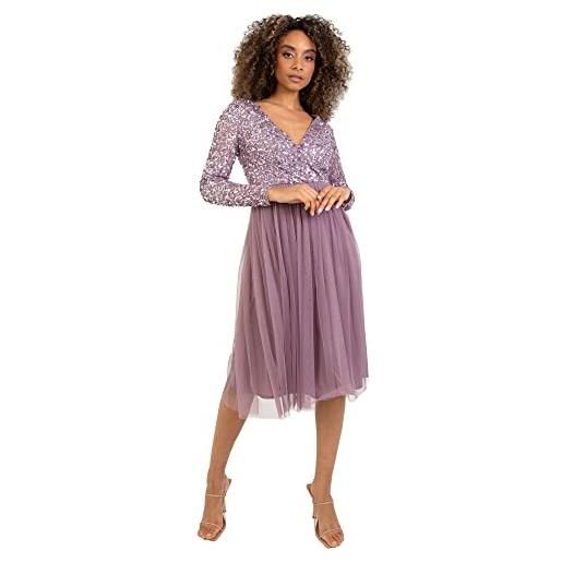 Maya Deluxe abito longuette da donna, a maniche lunghe, scollo a v, con paillettes impreziosite da laurea vestito per damigella d?Onore, malva chiara, 36 eu