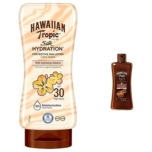 Hawaiian tropic silk lozione solare idratante, spf 30, 180 ml, confezione da 1 & tropical tanning oil spf 0 dark, olio solare - 200 ml