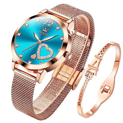 OLEVS orologio da donna in oro rosa con cuore diamante nero viso bianco quarzo impermeabile bracciale bracciale set orologi da polso per donna, 5189: blu