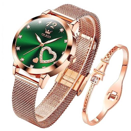 OLEVS orologio da donna in oro rosa con cuore diamante nero viso bianco quarzo impermeabile bracciale bracciale set orologi da polso per donna, 5189: verde, bracciale