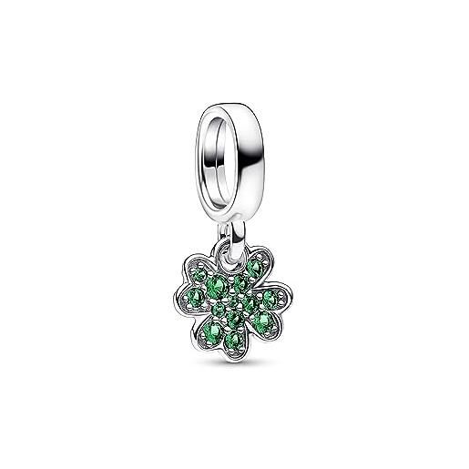 Pandora pendente a forma di trifoglio moments in argento sterling con cristallo verde reale