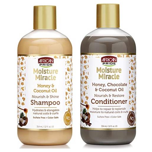 African Pride moisture miracle shampoo and conditioner, honey, chocolate & coconut oil set, 12 oz