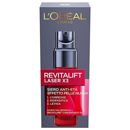L'oréal paris siero viso revitalift laser x3, azione antirughe anti-età con acido ialuronico e pro-xylane, 30 ml