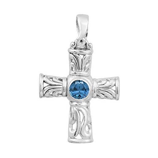 Shine Jewel scelta multipla pietra preziosa di forma rotonda cristiana in argento sterling 925 gioielli con pendente in filigrana a croce (topazio blu svizzero)