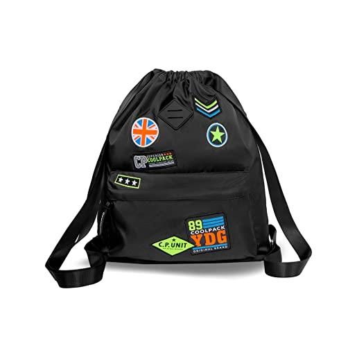 Coolpack urban collection drawstring bag backpack with badges for school college university gym black g (badges)