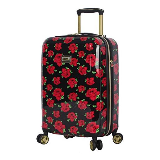 Betsey Johnson valigia rigida espandibile (abs + pc), leggera e resistente, con ruote girevoli a 8 ruote da donna, rose coperte, 50,8 cm