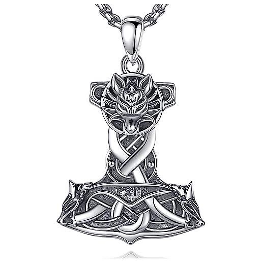 INFUSEU martello di thor con collana di teste lupo, 925 argento ciondolo uomini gioielli vichinghi e della mitologia norrena amuleto pagano gioielli scandinavi