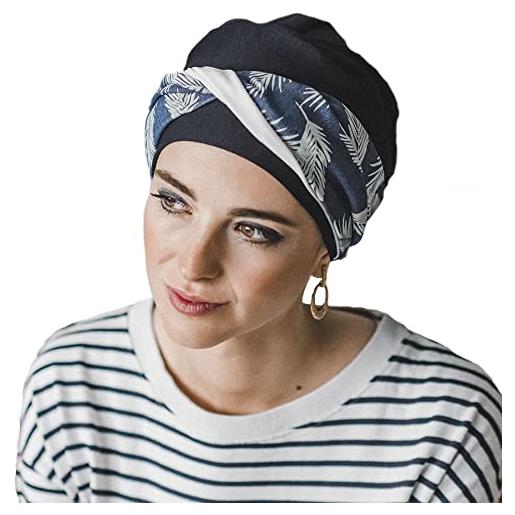 CAREBELL elegance denim palms turbante cappello oncologico bambù per chemioterapia o alopecia, blu navy, taglia unica