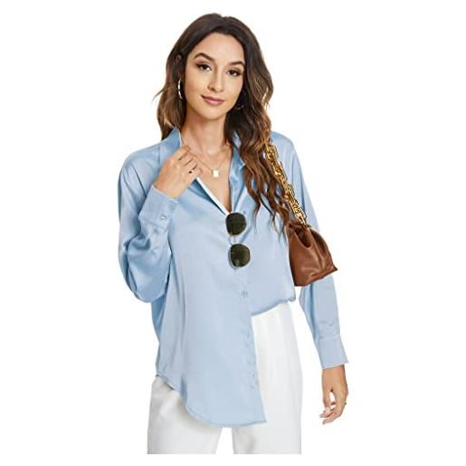 Atnlewhi camicetta da donna a maniche lunghe, con bottoni, in raso, per lavoro, ufficio, formale, casual, camicia, azzurro, s
