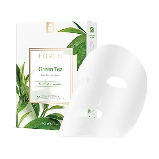 Foreo green tea, maschera in tessuto per imperfezioni, 2 mod. Di applicazione, confezione da 3, antiossidante, idratante, tè verde ed estratto di ulmus, naturale e cruelty free, per dispositivi ufo