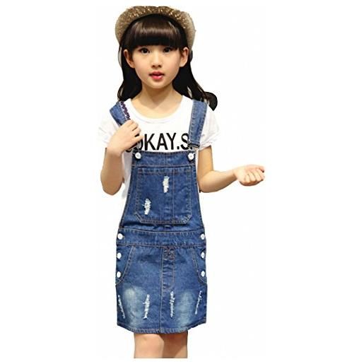 KIDSCOOL SPACE salopette di jeans da bambina, salopette regolabile in denim con ricami floreali, blu, 8-9 anni