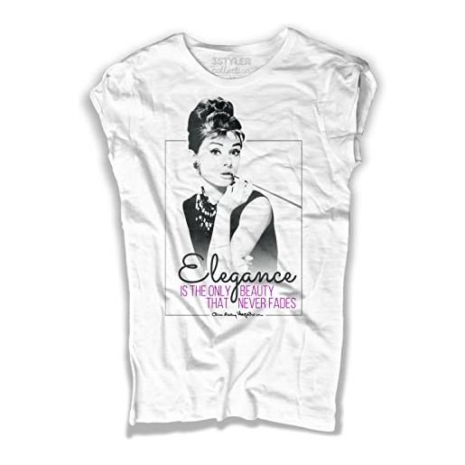3styler t-shirt donna bianca audrey hepburn - elegance is the only beauty that never fades - linea collection - cotone fiammato (slub) 150 gr/mq (l, bianco)