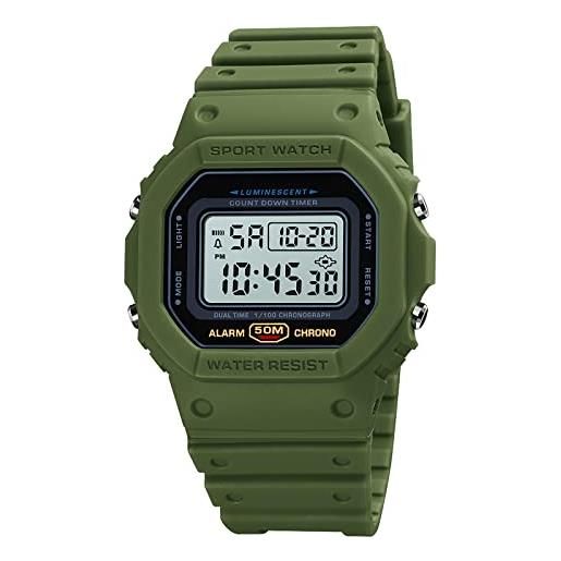 FAMKIT orologio da polso digitale da uomo, retroilluminato, resistente agli urti, con sveglia, cronometro, conto alla rovescia, verde militare+bianco, cinturino