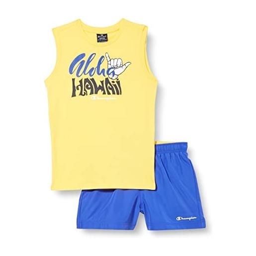 Champion legacy back to the beach graphic s/l t-shirt & beachshorts completo, (giallo/blu cobalto), 3-4 anni bambini e ragazzi