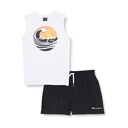 Champion legacy back to the beach graphic s/l t-shirt & beachshorts completo, (bianco/nero), 7-8 anni bambini e ragazzi