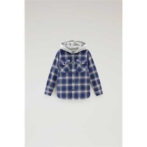 Woolrich giacca a camicia da bambino a quadri in flanella spessa con cappuccio blu taglia 6