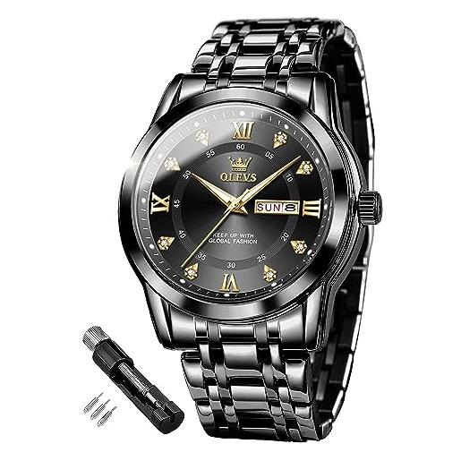OLEVS orologi da uomo in acciaio inox orologio da uomo con diamante viso al quarzo impermeabile casual elegante regalo, 5513: nero, bracciale