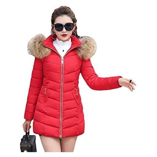 Lvguang inverno donna lungo giacca spessore sottile cappotto imbottito con pelliccia ecologica cappuccio (luce rosso, asia 4xl)