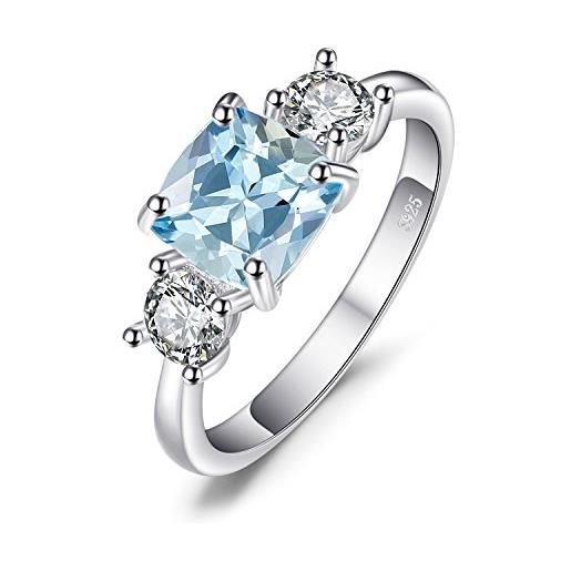 JewelryPalace anello a tre pietre donna argento con naturale topazio blu, anelli donna argento 925 con azzurro pietra a taglio cuscino, fedina argento anelli anniversario set gioielli donna
