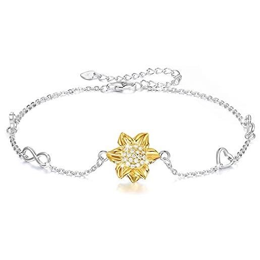 YZSFMZGE orecchini a forma di girasole, collana/braccialetto/cavigliera (grande braccialetto) da donna, in argento sterling 925, con girasole, placcato oro giallo, fiore cz con gioielli, confezione