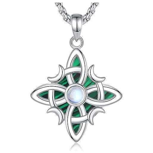 INFUSEU collana con nodo della strega, ciondolo in argento 925 con pietra di luna malachite simbolo stregoneria wicca irlandese magia celtica gioielli di stregoneria antica regali per donne