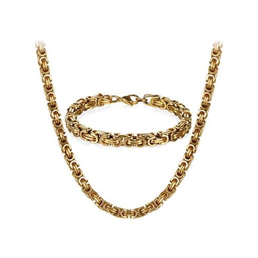 OIDEA collana bizantina in oro da uomo, set da 2 pezzi, collana vintage in acciaio inox, 55/61/66 cm, bracciale 21,5 cm, 55cm kette set, acciaio inossidabile