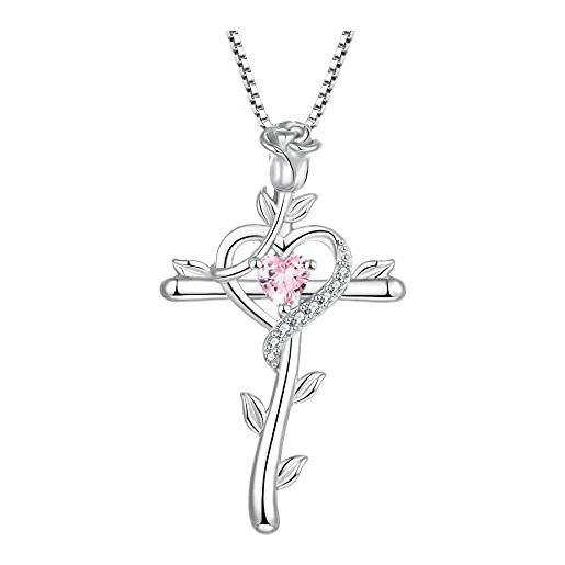 starchenie collana con croce rosa in argento 925 con ciondolo croce crocifisso con zirconi da donna