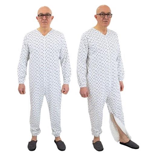 FERRUCCI COMFORT pigiama tutone sanitario in cotone fresco per anziani, manica lunga, chiusura dorso e interno gamba, incontinenza, alzheimer, made in italy (bianco maschile, m)