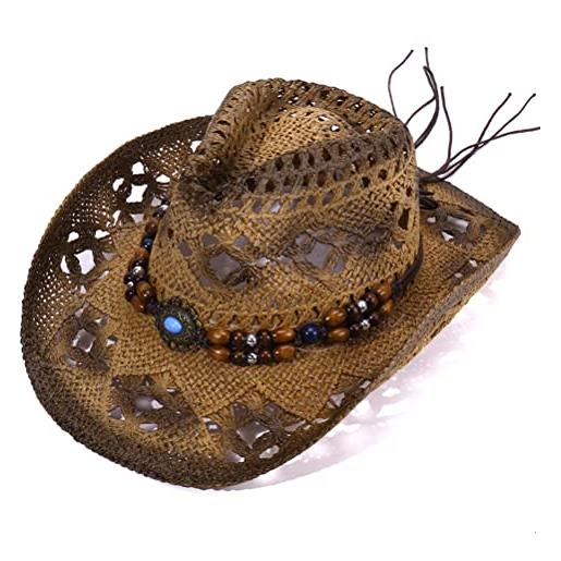 YIPUTONG cappello da cowboy, cappello da cowboy in paglia, per uomo e donna, traspirante, stile vintage, a tesa larga