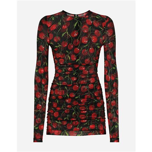 Dolce & Gabbana long-sleeved tulle top with cherry print and draping