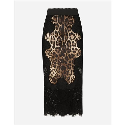 Dolce & Gabbana gonna midi in raso stampa leopardo con inserti in pizzo
