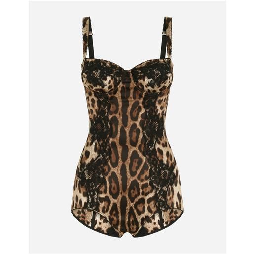 Dolce & Gabbana body intimo a balconcino in seta con dettagli in pizzo stampa leopardo
