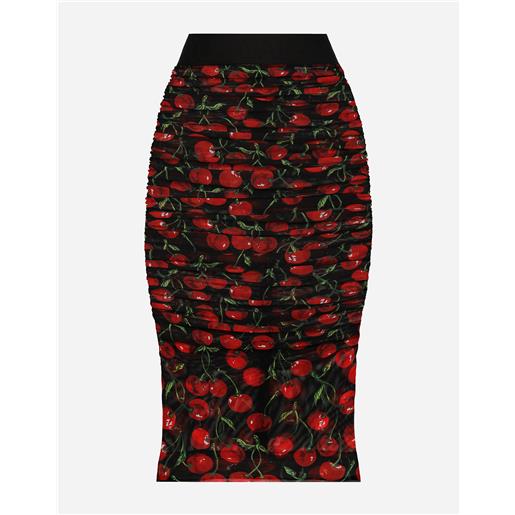 Dolce & Gabbana cherry-print tulle midi skirt with branded elastic and draping