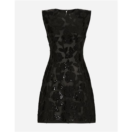 Dolce & Gabbana short marquisette dress with patent floral embellishment